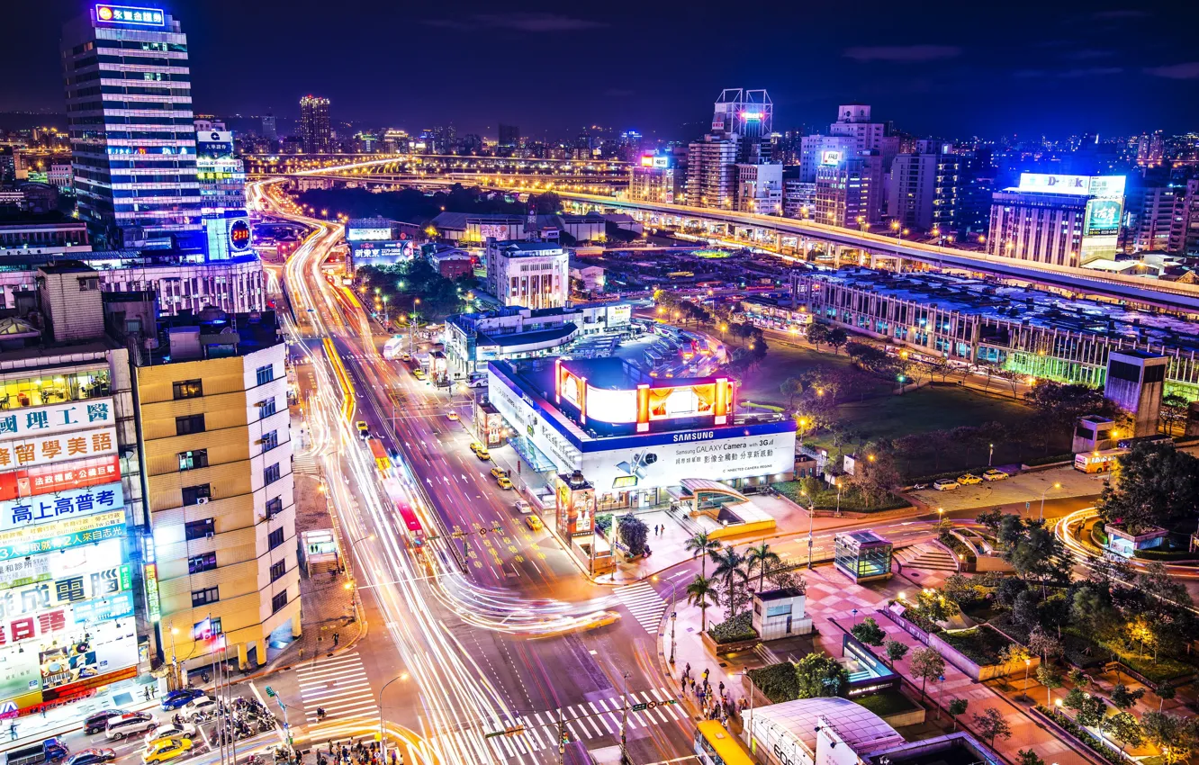 Photo wallpaper city, lights, China, night, roads, streets, buildings, Taipei