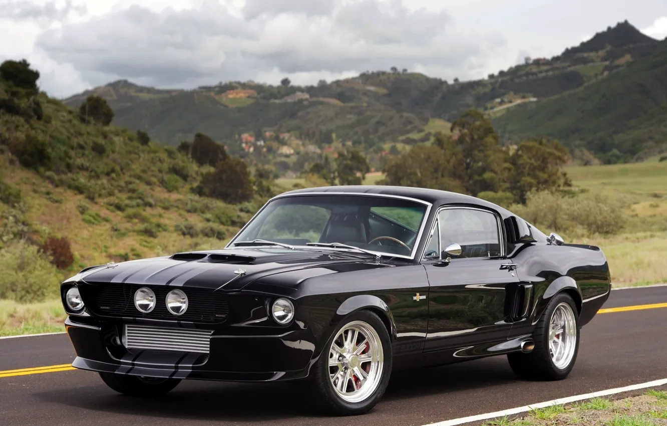 Photo wallpaper road, the sky, clouds, black, hills, tuning, coupe, mustang