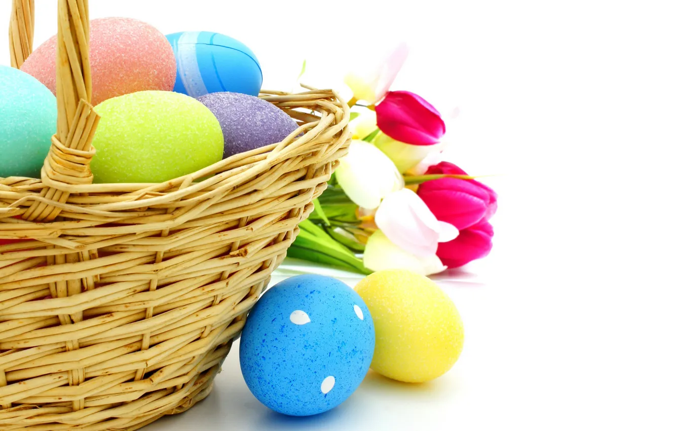 Photo wallpaper basket, eggs, Easter, tulips, flowers, spring, Easter, eggs