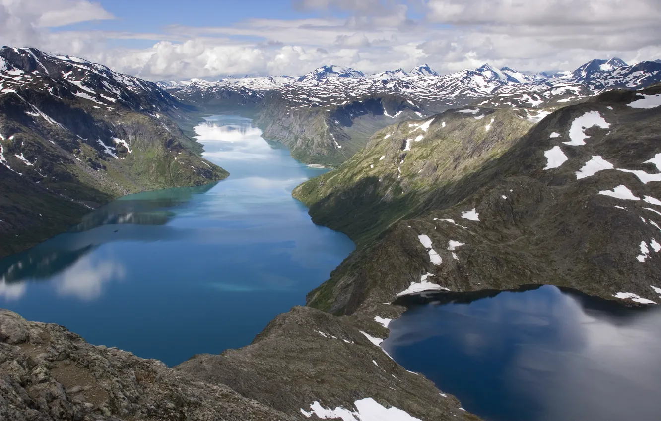 Photo wallpaper the sky, clouds, light, snow, mountains, lake, reflection, hills
