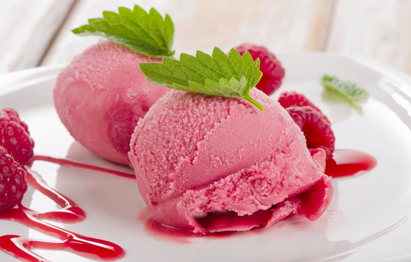 Photo wallpaper raspberry, ice cream, ice cream, fruit