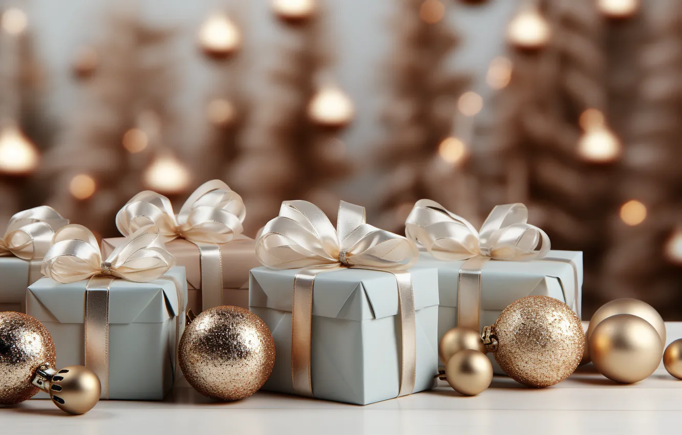 Photo wallpaper balls, gift, new year, Christmas, gold, bow, bokeh, Christmas decorations