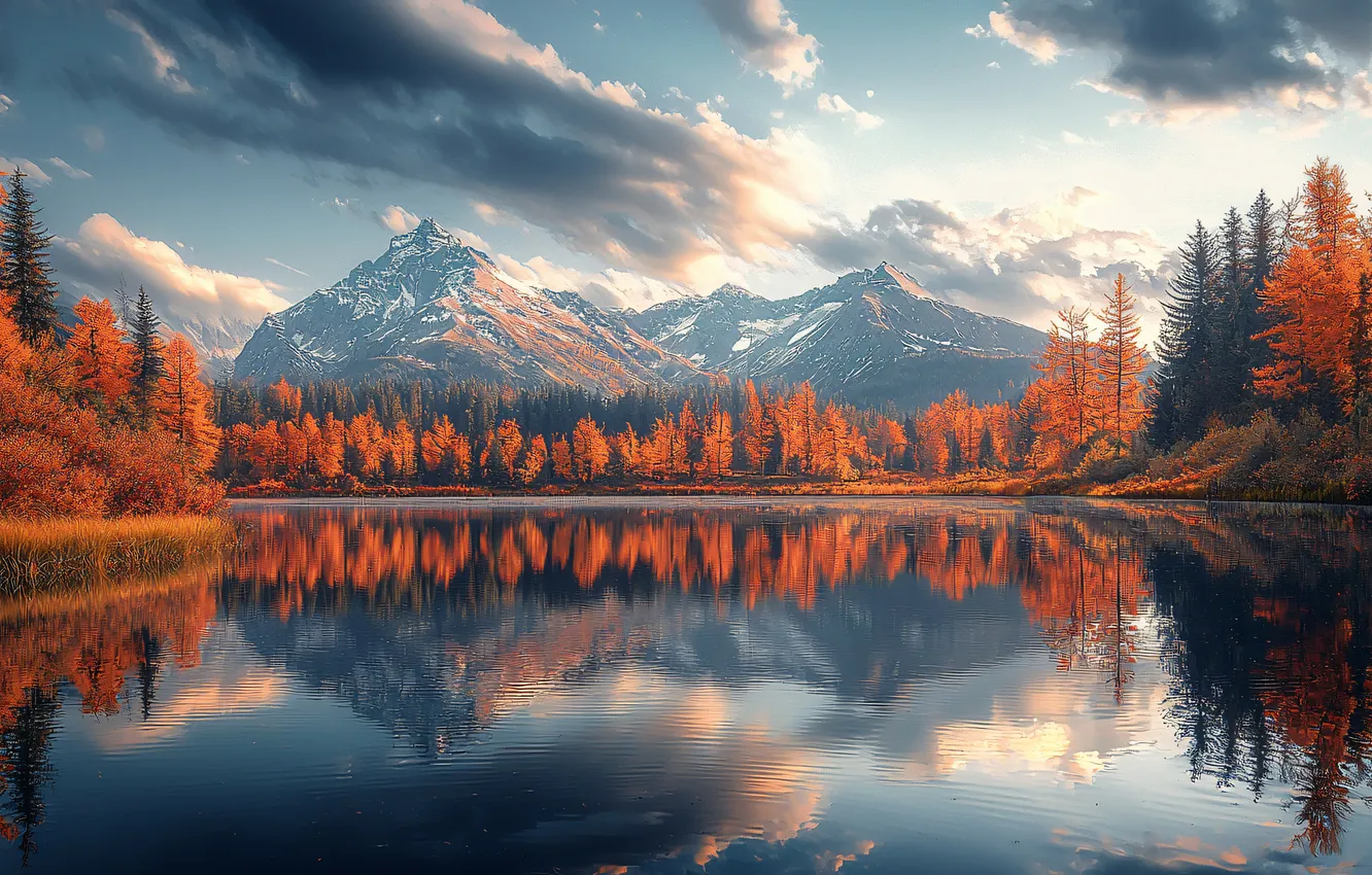 Photo wallpaper autumn, forest, clouds, snow, landscape, mountains, nature, lake
