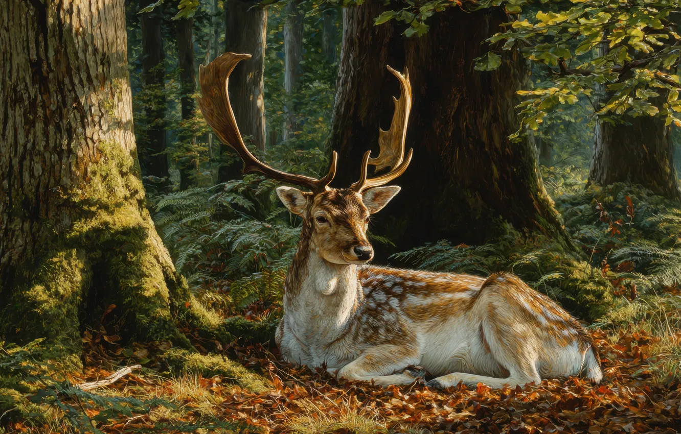 Photo wallpaper autumn, forest, look, trees, branches, pose, deer, lies