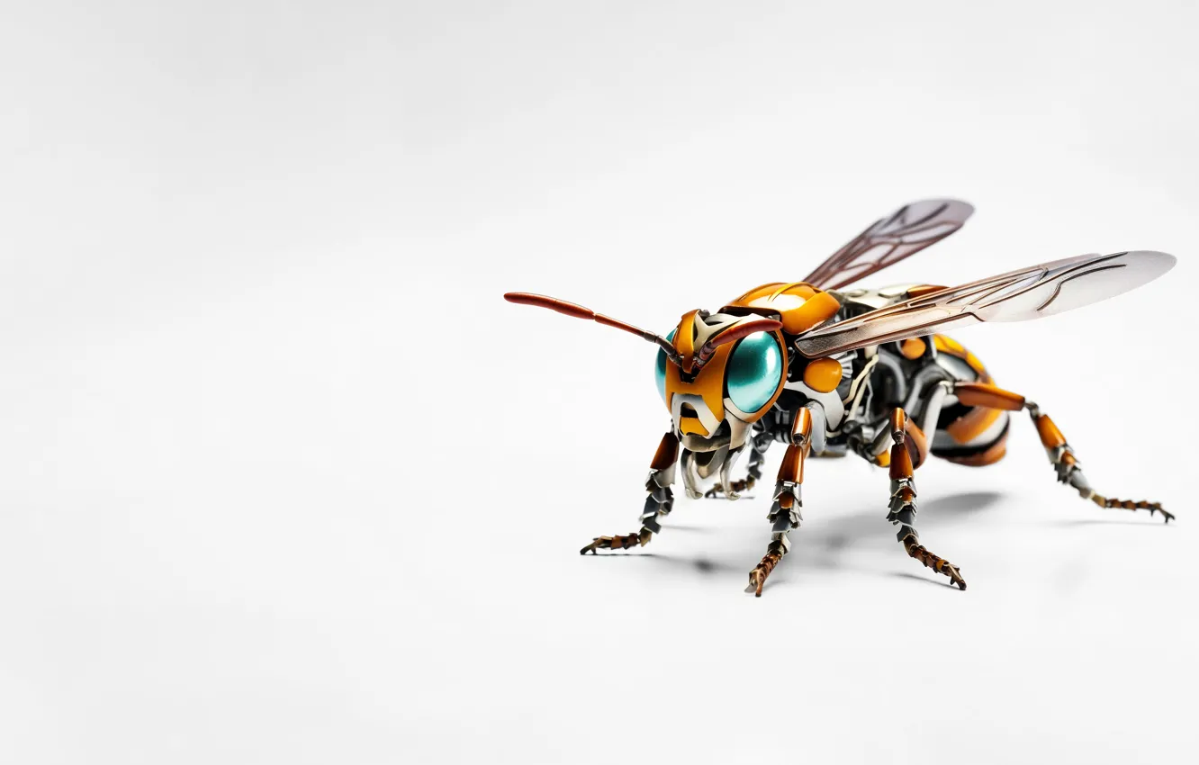 Photo wallpaper bee, robot, technology, white background, insect, AI art, micro robot, a robotic insect