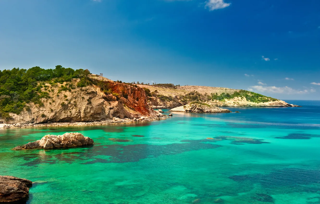 Photo wallpaper sea, stones, coast, island, Spain, Ibiza
