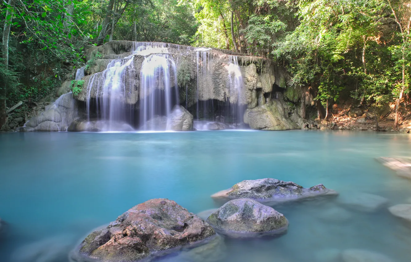 Photo wallpaper forest, landscape, river, rocks, waterfall, summer, forest, tropical