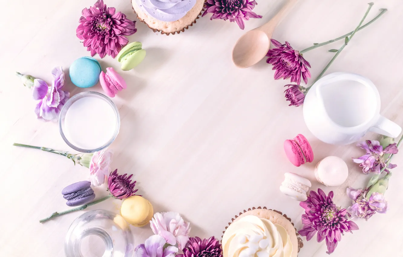 Photo wallpaper colorful, chrysanthemum, dessert, pink, flowers, cakes, sweet, sweet