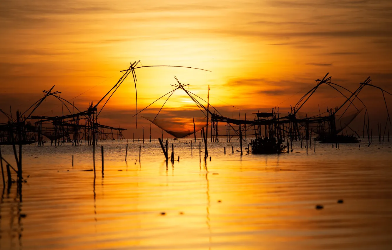 Photo wallpaper sea, sunset, night, network