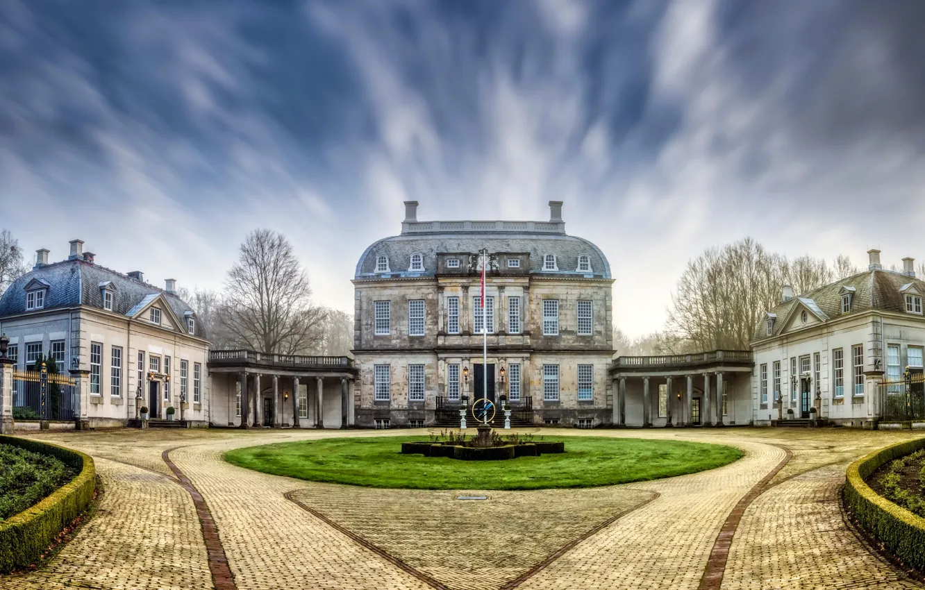 Photo wallpaper the sky, clouds, trees, house, lawn, track, Netherlands, mansion