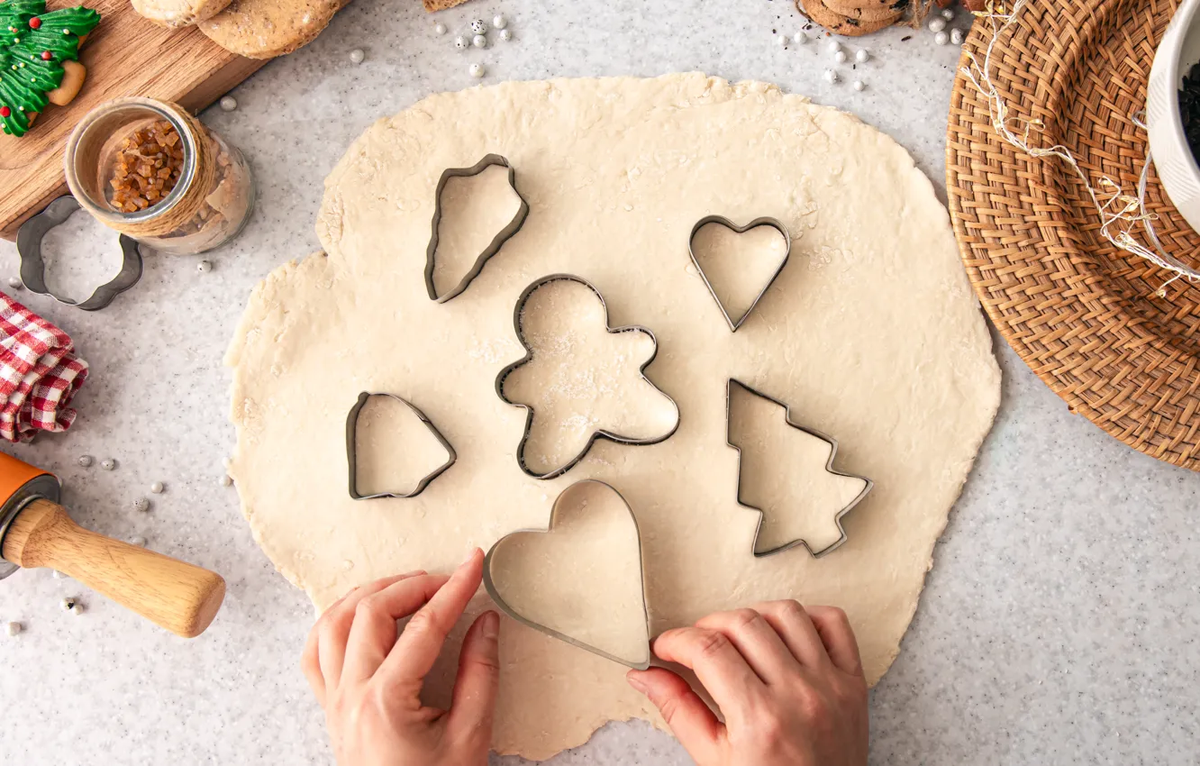 Photo wallpaper new year, cookies, Christmas, herringbone, figures, the mold, figure, cooking