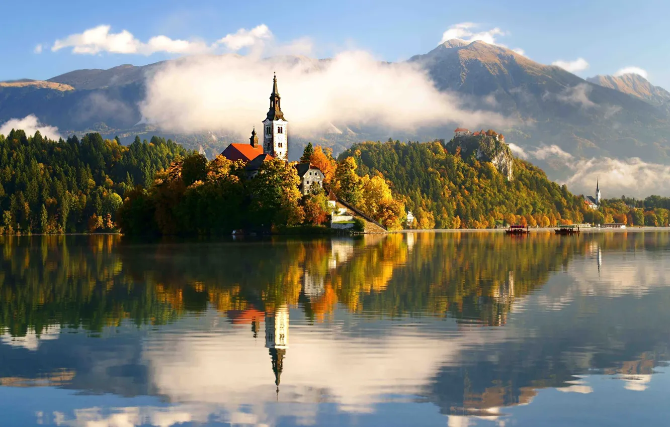 Photo wallpaper autumn, forest, the sky, clouds, mountains, fog, lake, castle