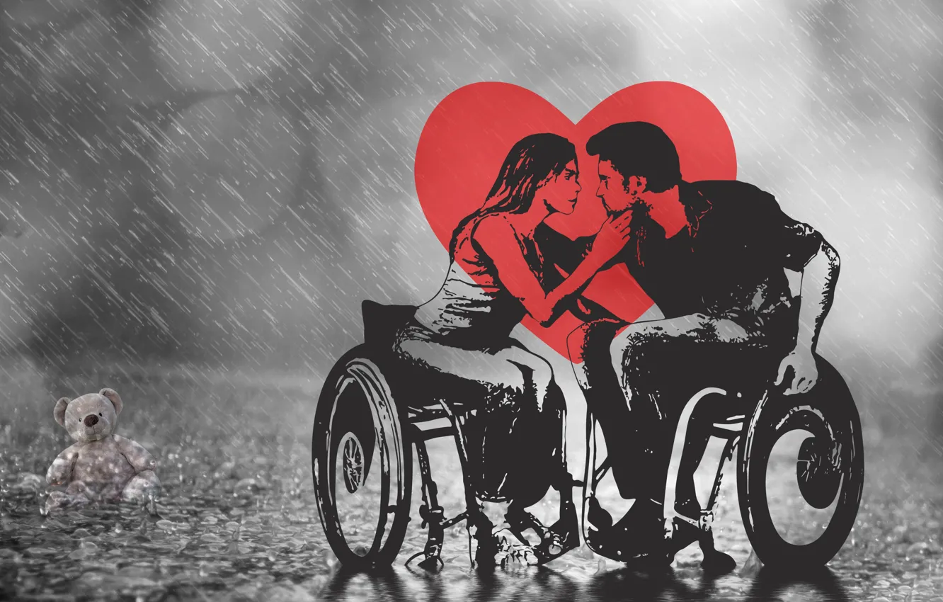 Photo wallpaper look, girl, drops, love, rain, heart, bear, pair