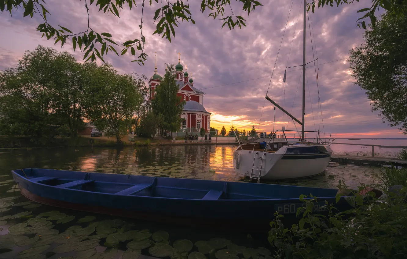 Photo wallpaper the sky, boat, the atmosphere, Cathedral, Pereslavl-Zalesskiy, Igor Abroskin, sea sunset