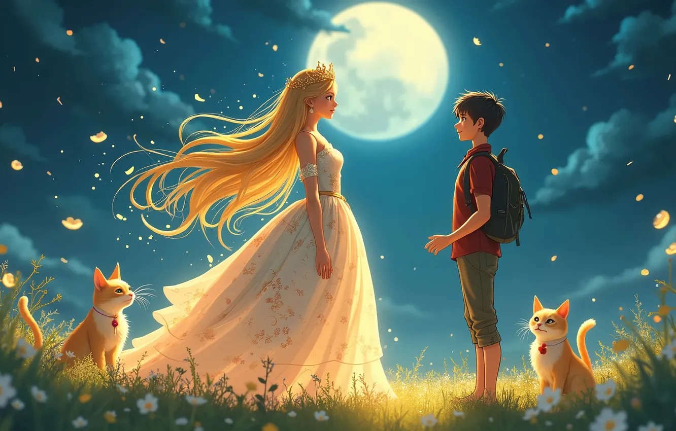Photo wallpaper love, flowers, night, the moon, meeting, cat, Princess, the young man