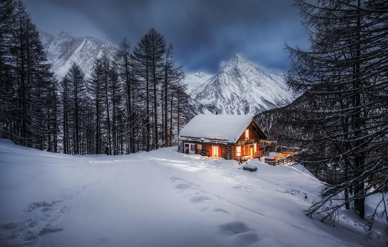 Photo wallpaper winter, forest, light, mountains, nature, home
