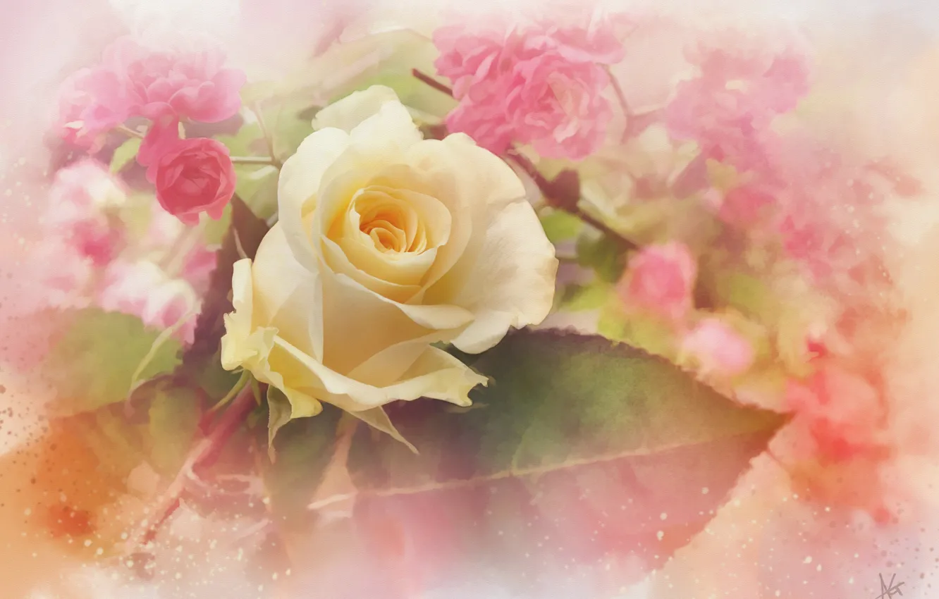 Photo wallpaper leaves, roses, texture, buds