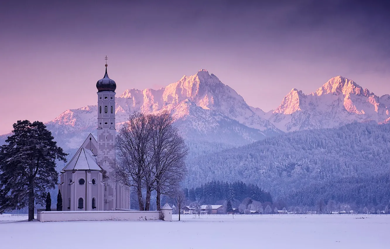Photo wallpaper winter, snow, trees, mountains, dawn, morning, Germany, Bayern