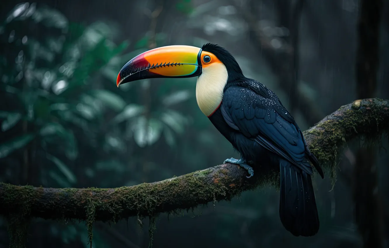 Photo wallpaper branches, rain, bird, foliage, Toucan, bokeh, digital art, AI art