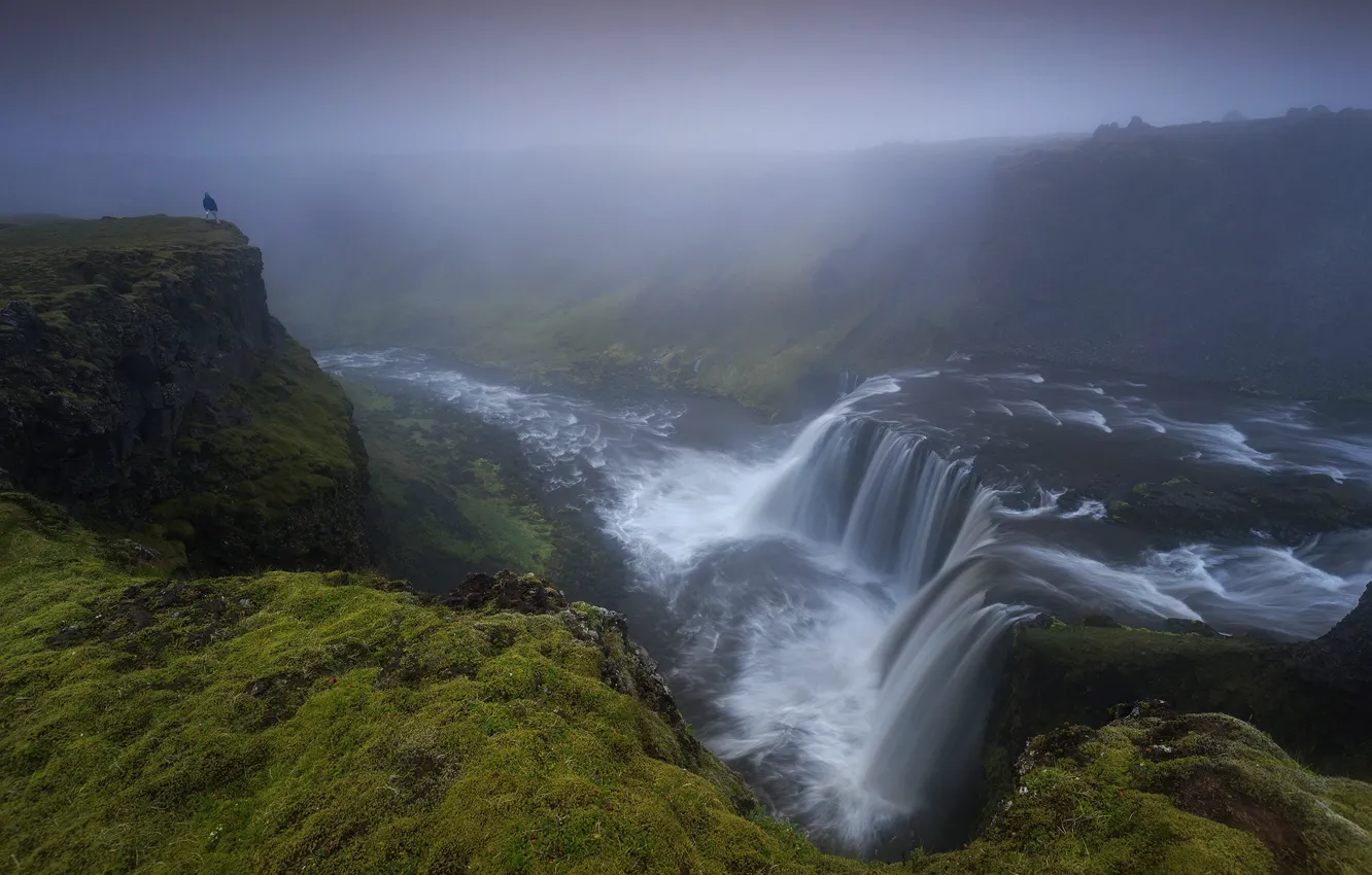 Photo wallpaper fog, open, rocks, for, people, waterfall, pair, haze