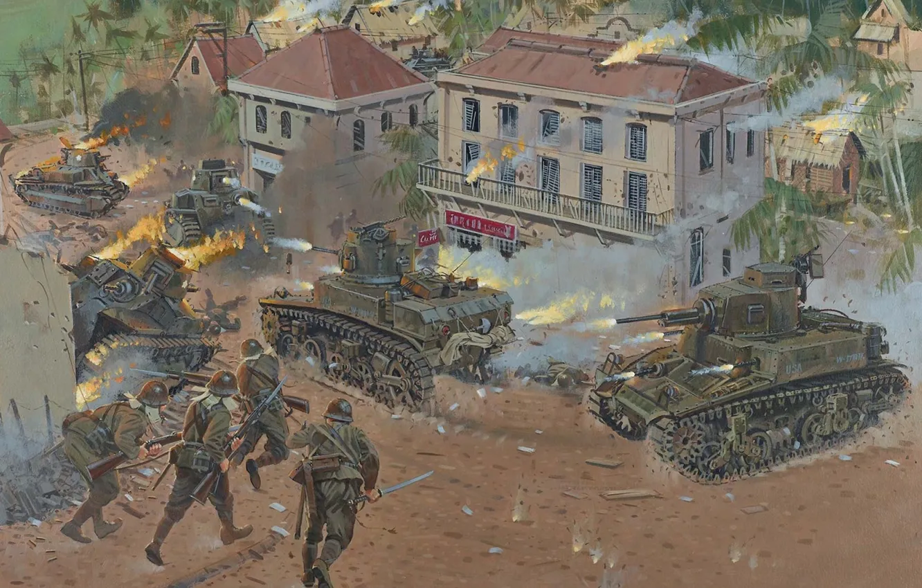 Photo wallpaper war, street, figure, battle, drop, art, soldiers, tanks