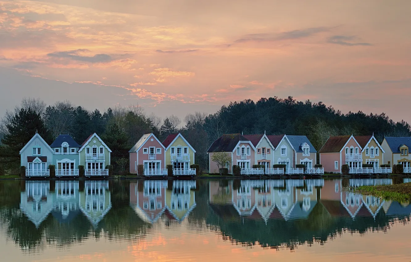 Photo wallpaper the sky, clouds, trees, lake, reflection, house, cottage