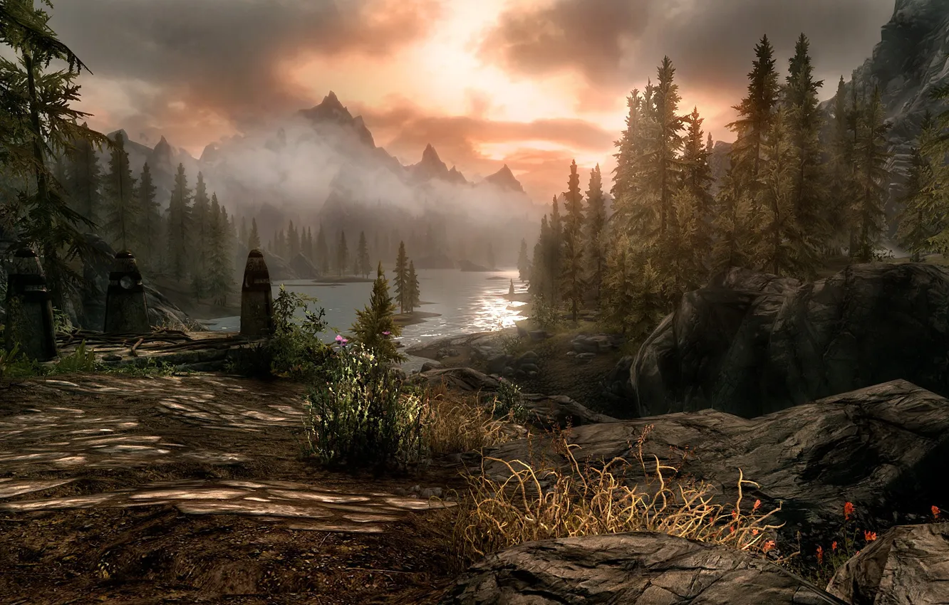 Photo wallpaper trees, landscape, mountains, river, stones, Skyrim