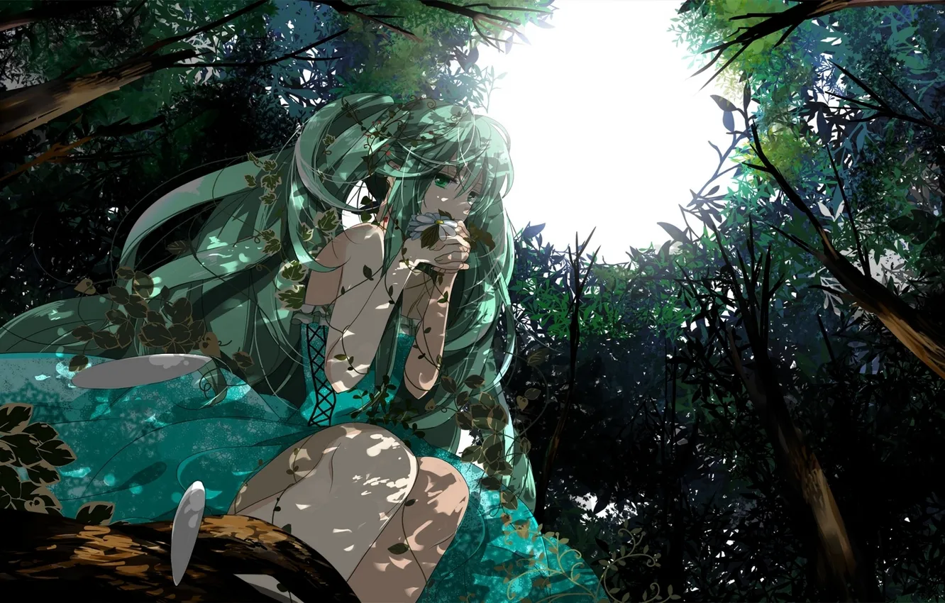 Photo wallpaper forest, flowers, vocaloid, hatsune miku, looking at the viewer