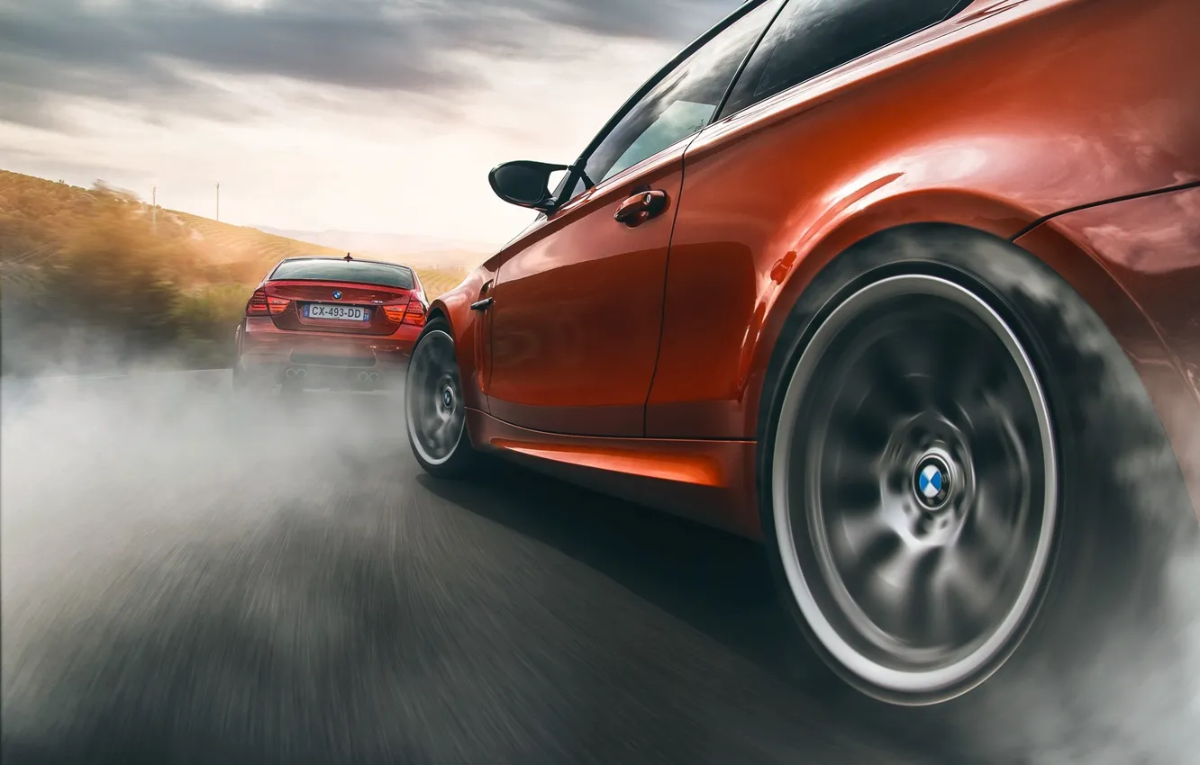 Photo wallpaper BMW, Orange, Car, Smoke, Sport, Wheels, Drifting