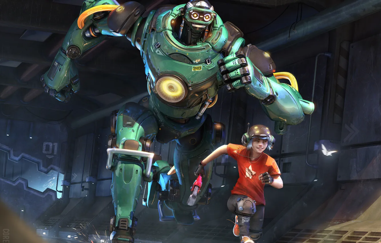 Photo wallpaper the game, robot, running, butterfly, Boys