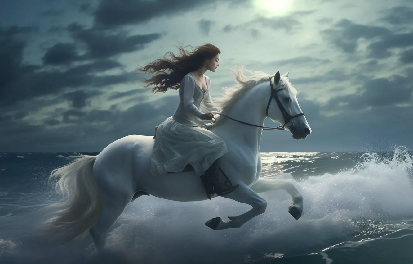 Photo wallpaper sea, wave, white, the sky, girl, clouds, light, horse