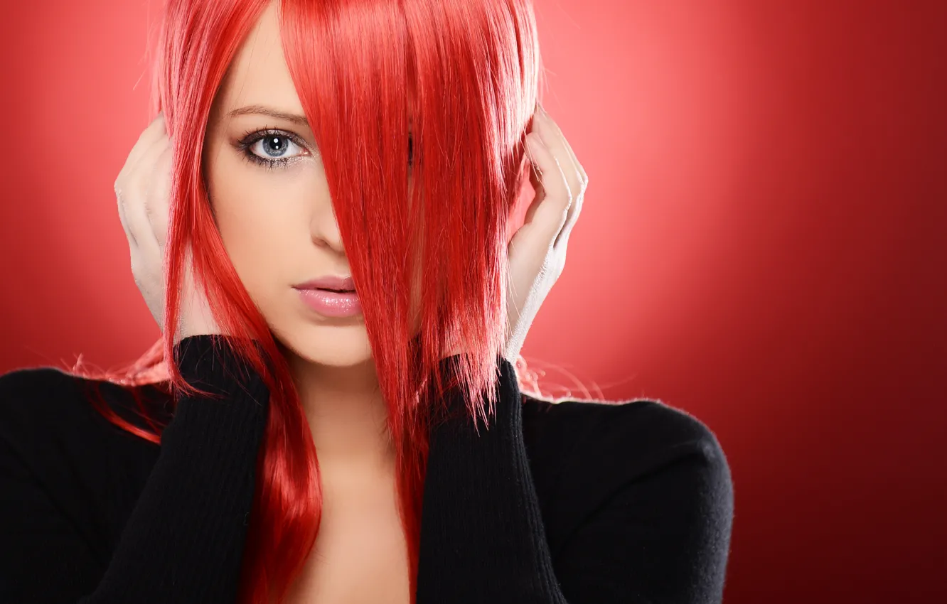 Photo wallpaper look, girl, face, background, hands, red hair