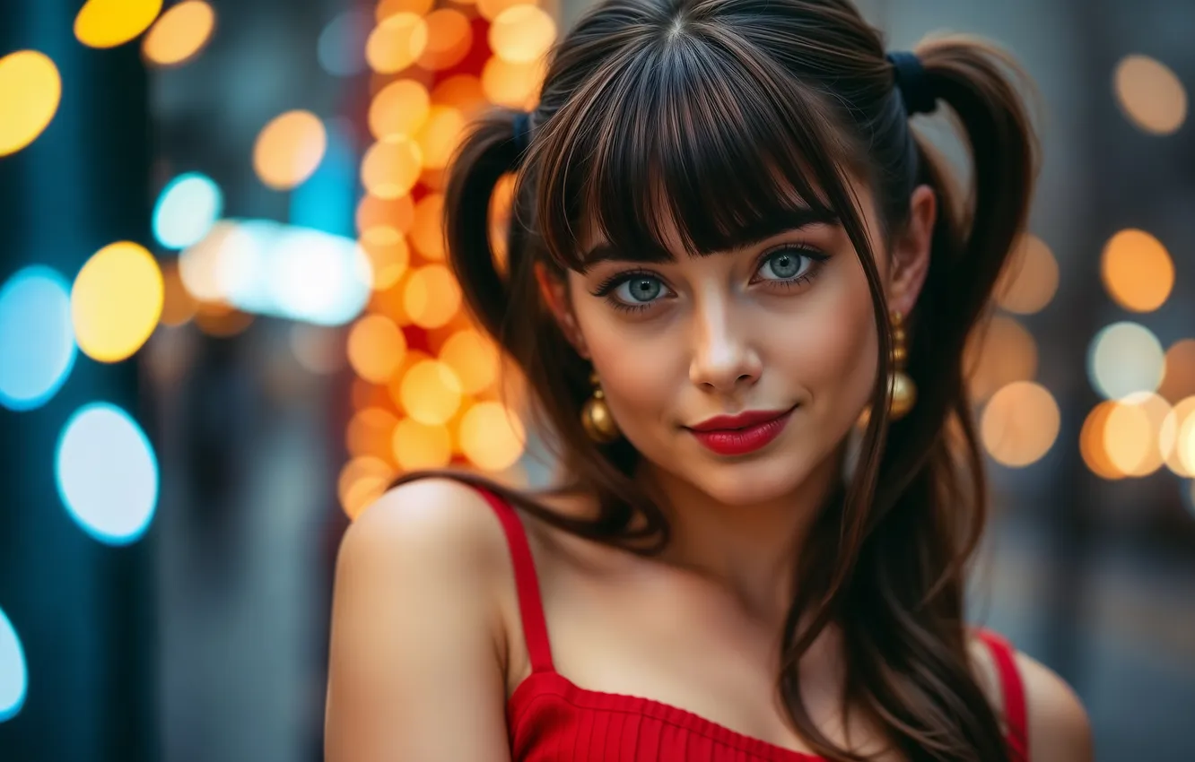 Photo wallpaper eyes, look, girl, sexy, portrait, brunette, beautiful, in red
