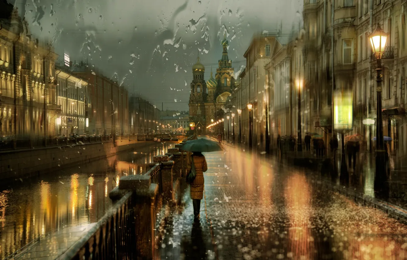 Photo wallpaper girl, the city, lights, rain, the evening, channel, St. Petersburg