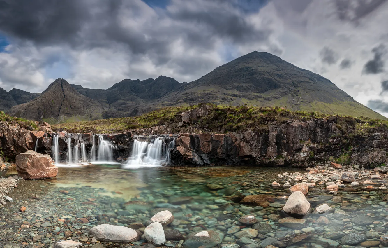 Photo wallpaper clouds, mountains, stream, stones, rocks