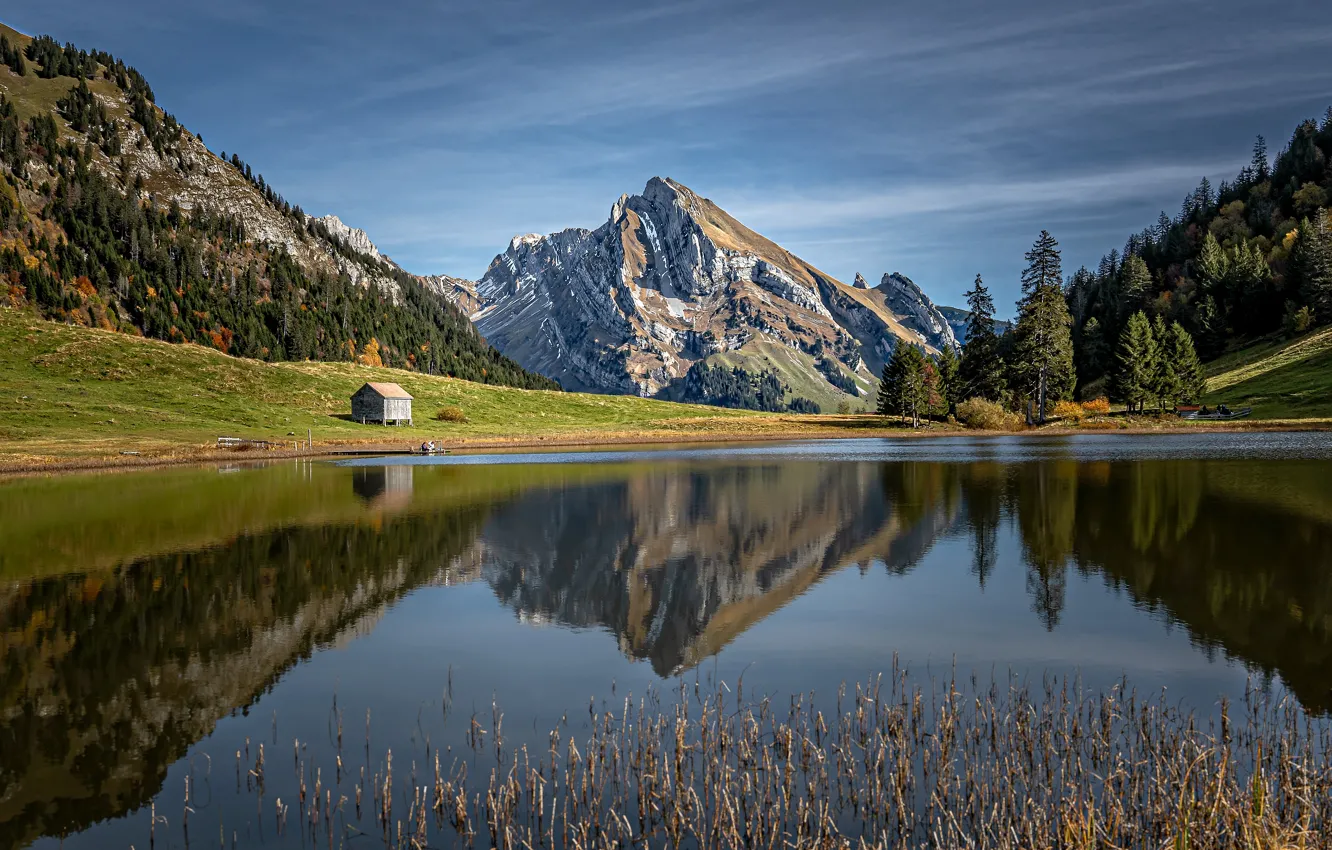 Photo wallpaper mountains, lake, reflection, Switzerland, Alps, top, Switzerland, Alps