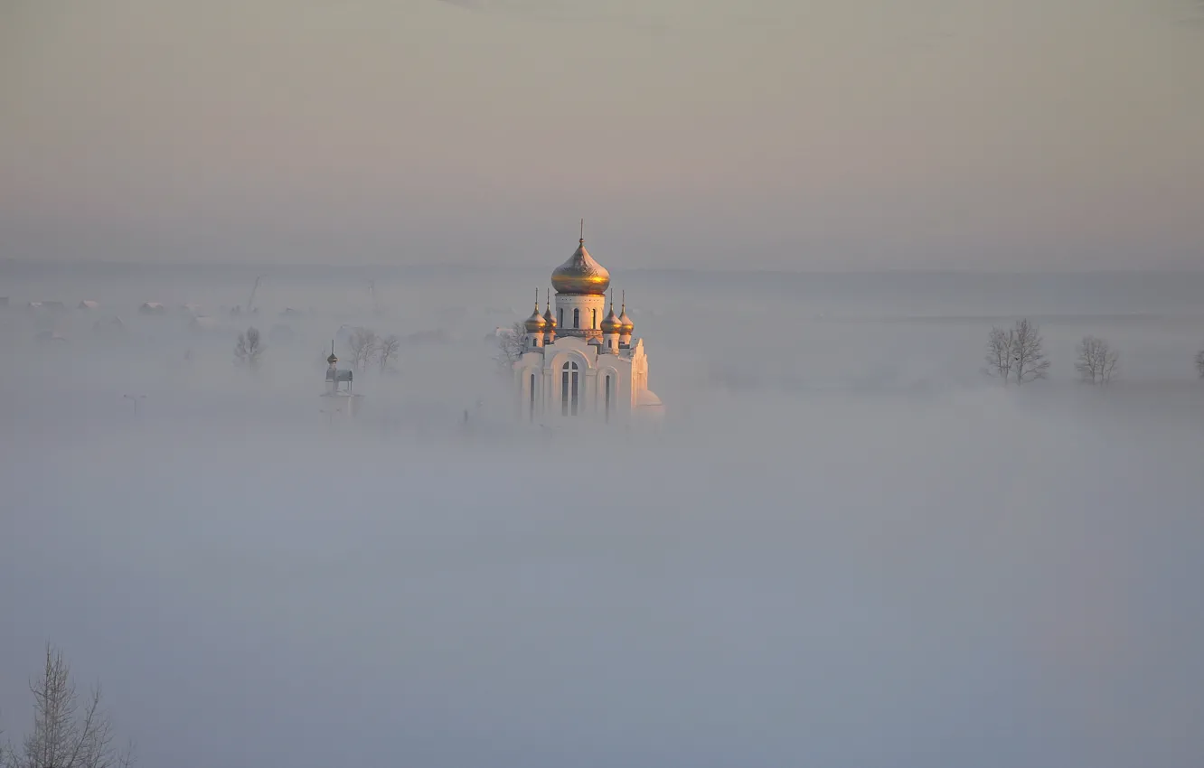 Photo wallpaper landscape, fog, temple, dome