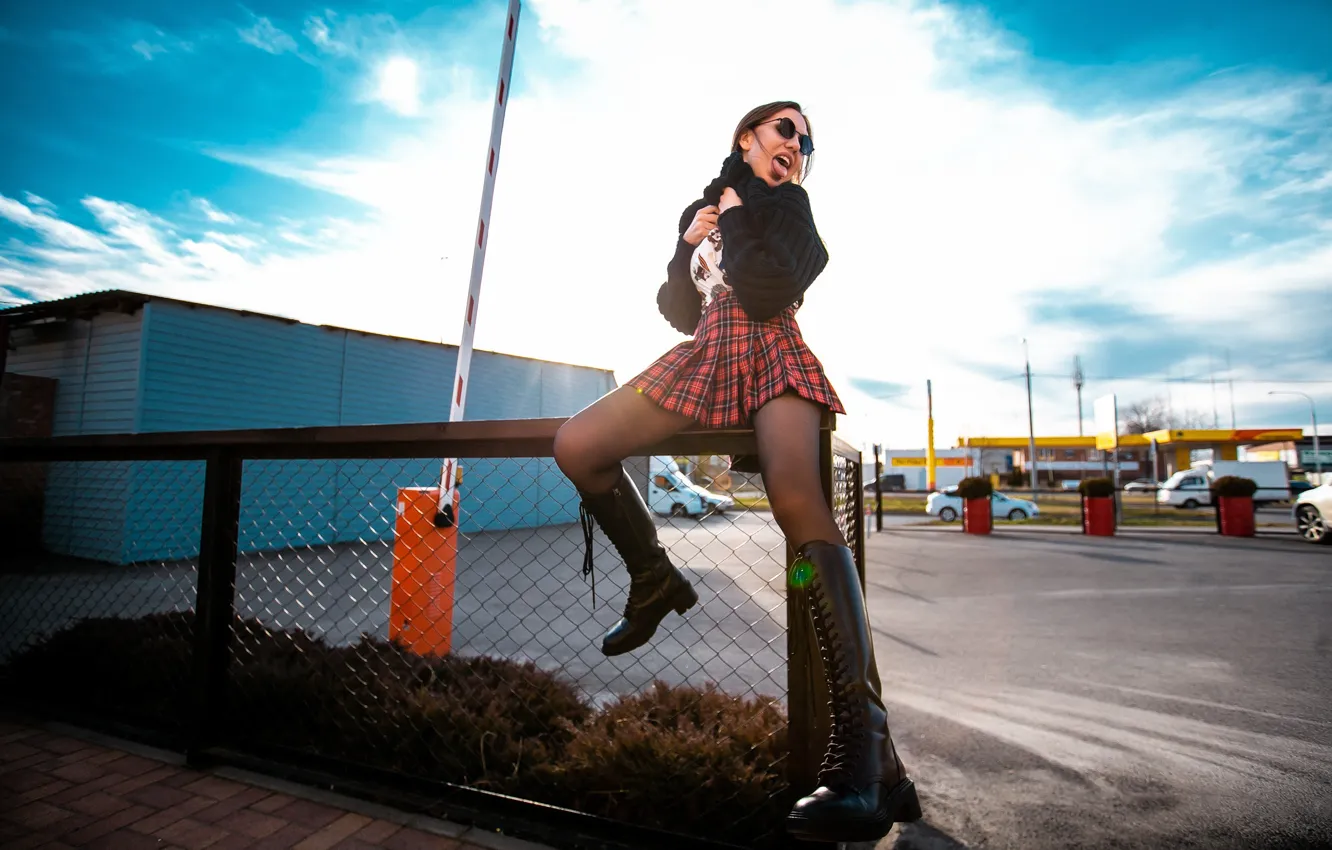 Photo wallpaper girl, pose, mood, the fence, skirt, boots, glasses, Igor Deakin