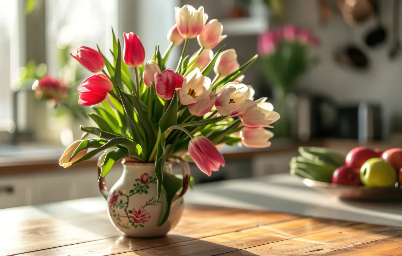 Photo wallpaper flowers, holiday, bouquet, spring, tulips, March 8, AI art, universal holiday background