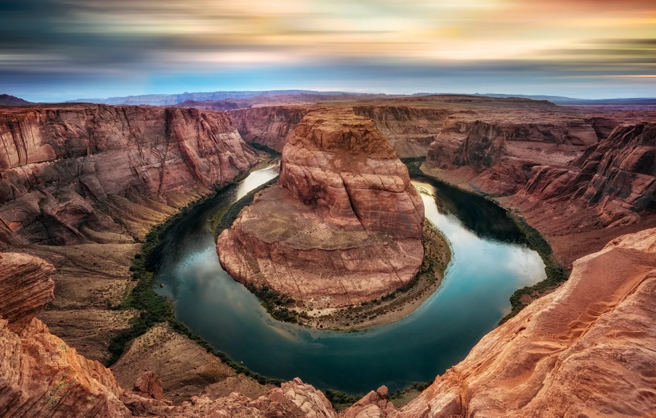 Photo wallpaper the sky, clouds, excerpt, canyon, USA, Horseshoe (Horseshoe Bend)