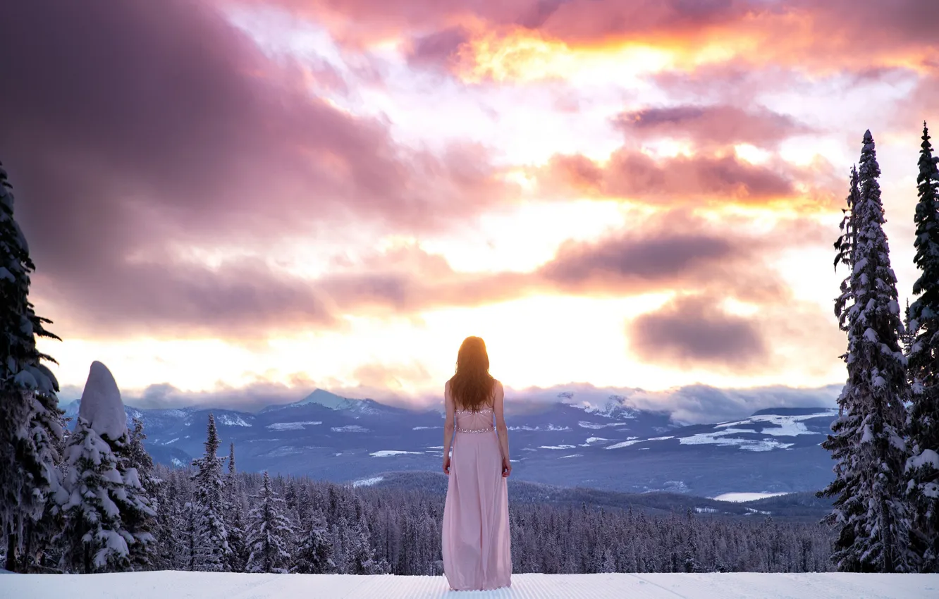 Photo wallpaper the sky, girl, clouds, snow, landscape, mountains, dress, Lichon