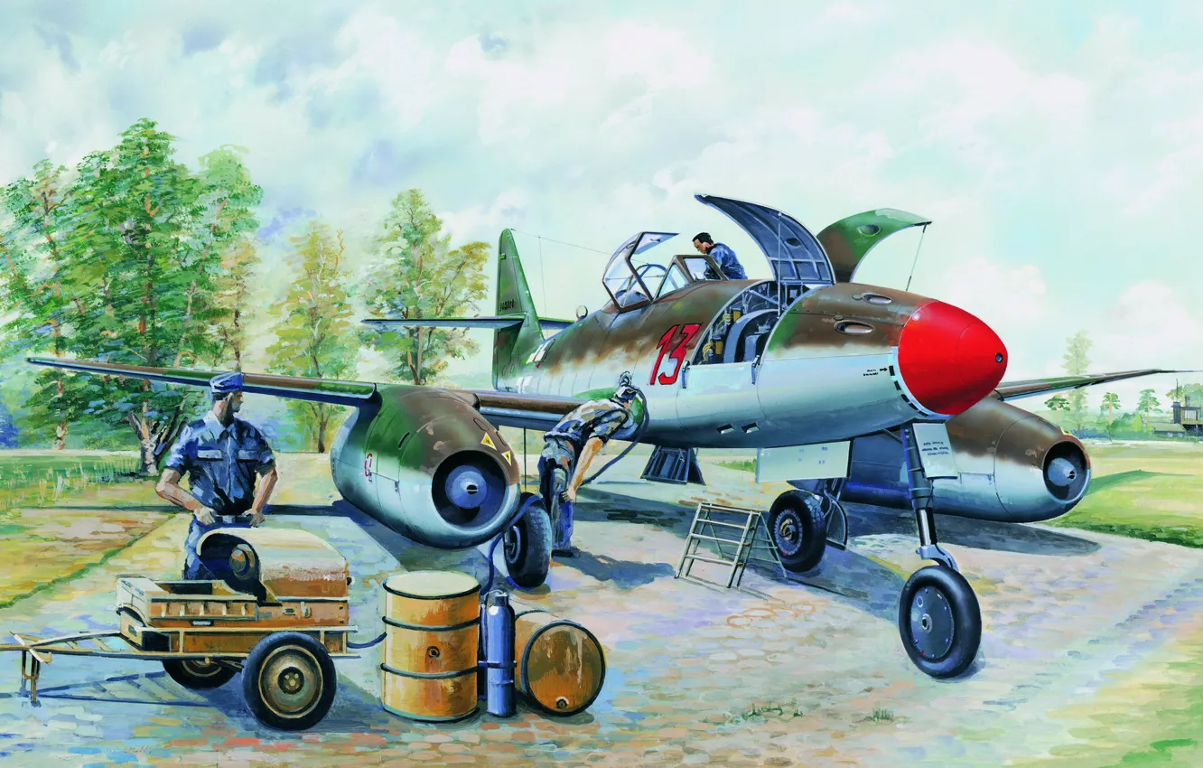 Photo wallpaper war, art, aviation, WW2, german fighter, Messerschmitt Me262A1a, painting.jet