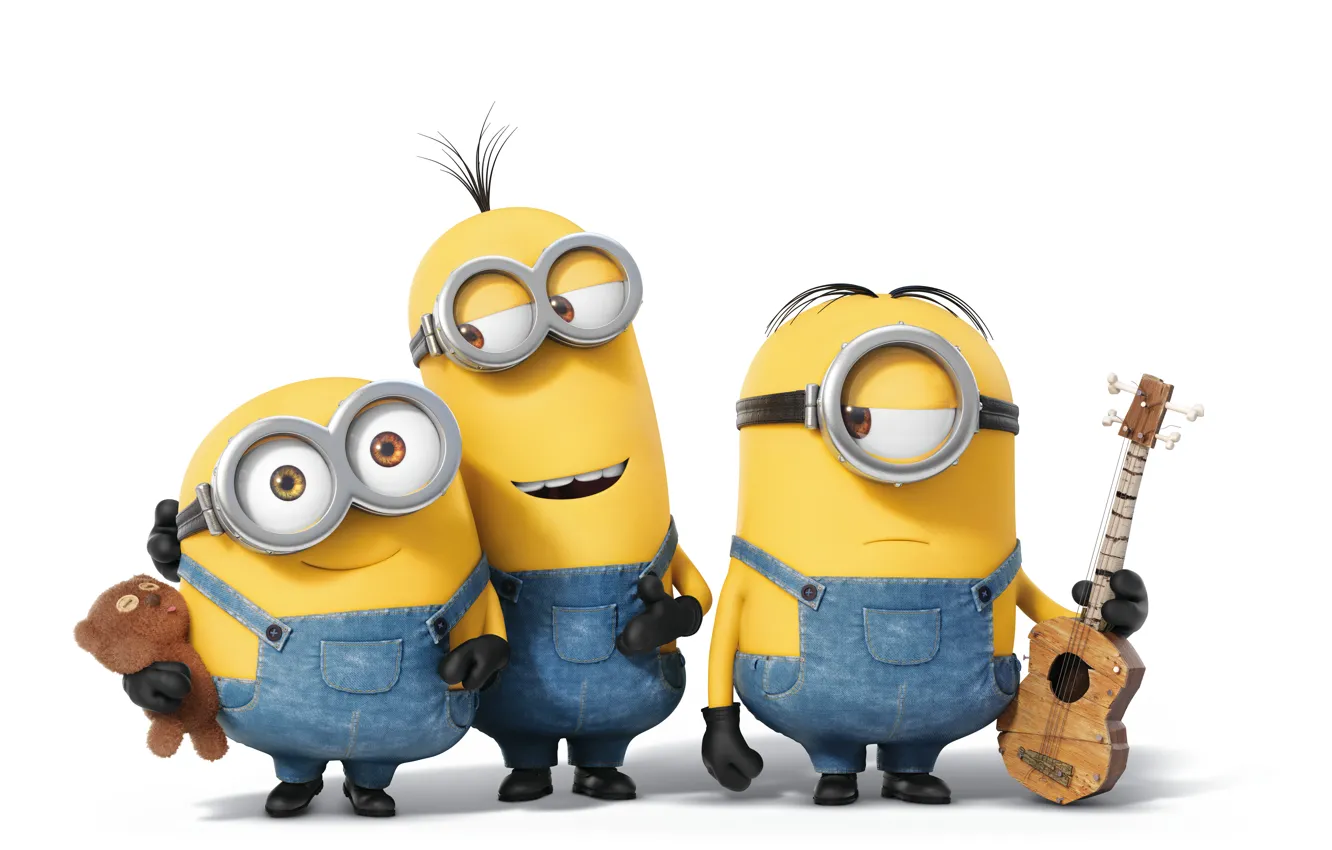 Photo wallpaper yellow, toy, cartoon, guitar, glasses, bear, white background, plush