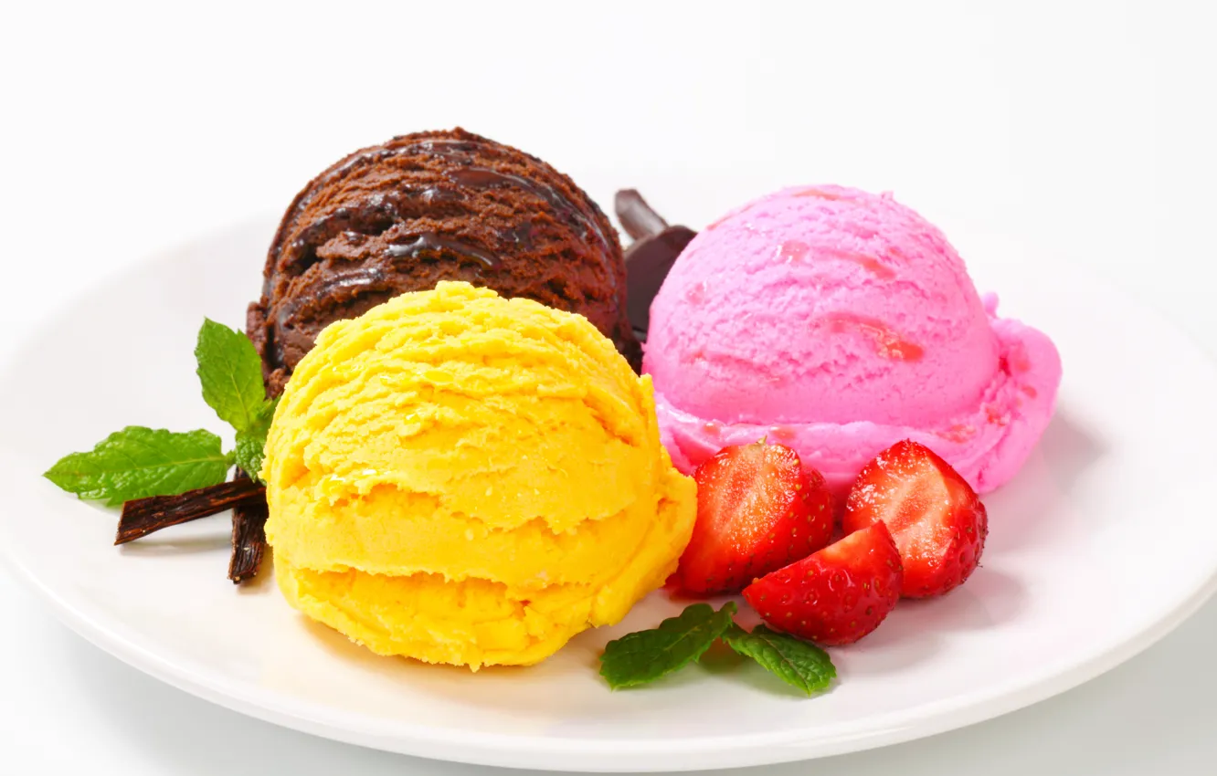 Photo wallpaper balls, berries, strawberry, plate, ice cream, sweets, dessert, sweet