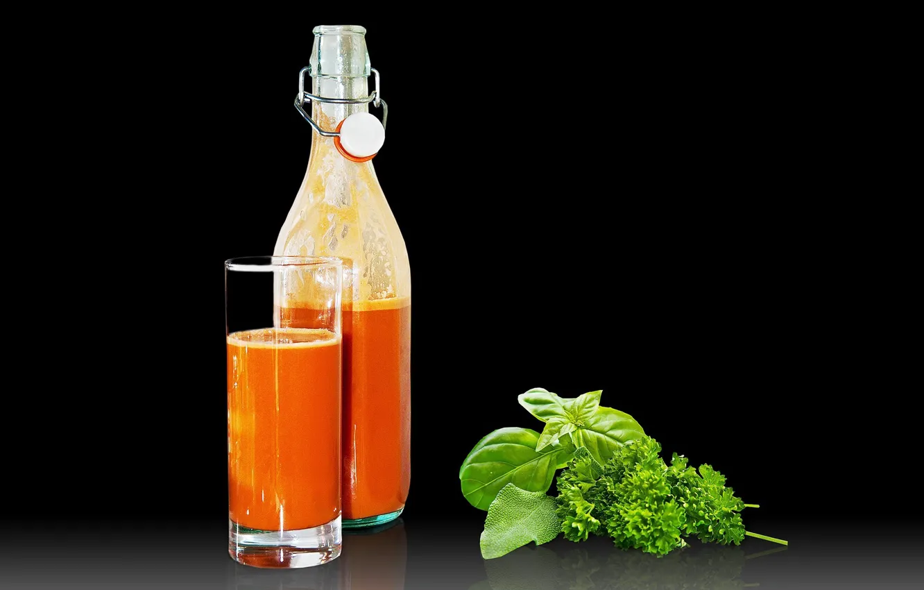 Photo wallpaper greens, bottle, juice, drink, parsley, a glass of juice