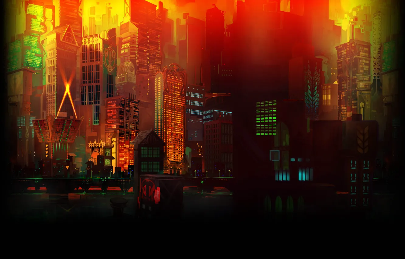 Photo wallpaper night, lights, street, home, Transistor Background Cloudbank