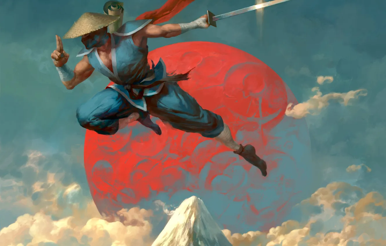 Photo wallpaper moon, sword, fantasy, mountain, samurai, digital art, artwork, warrior
