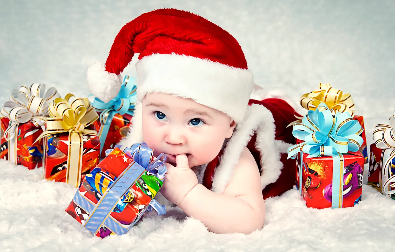 Photo wallpaper children, holiday, box, gift, costume, blue-eyed, cap