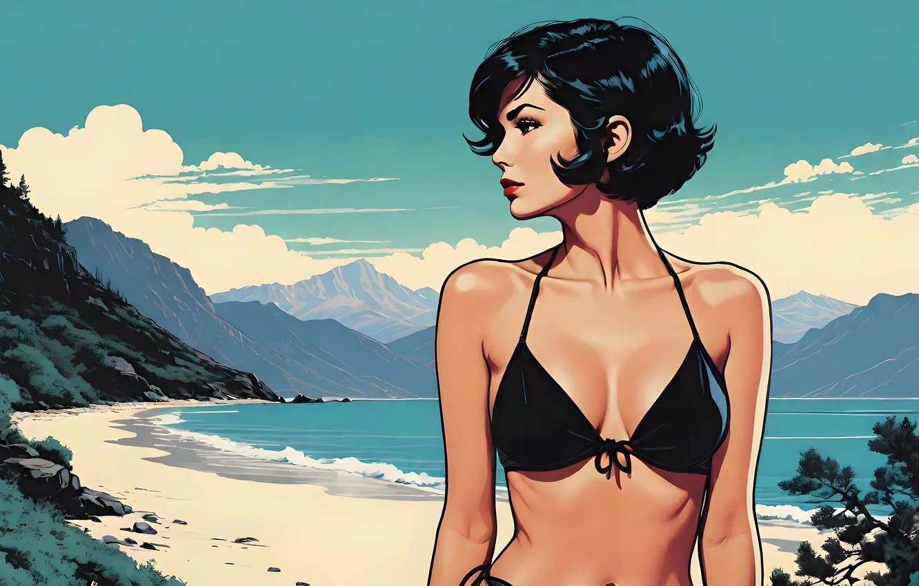 Photo wallpaper Escape, Woman, Beach, Retro, Stylish