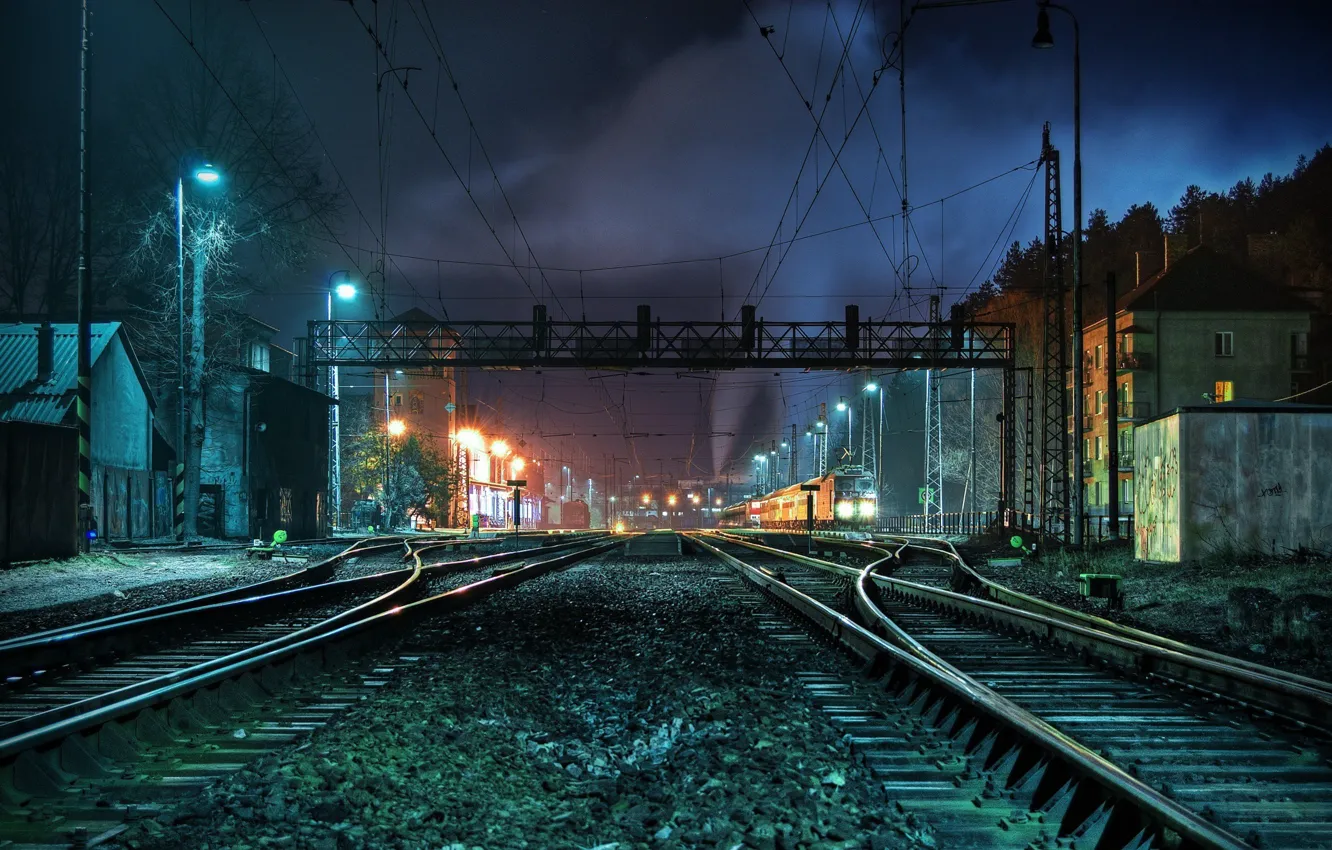 Photo wallpaper night, the way, rails, station, train